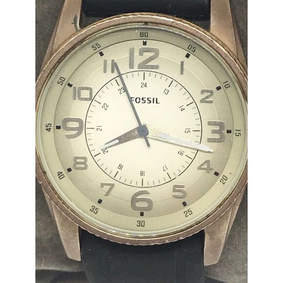 Fossil Jr1193 Men's Black Silicone Analog Beige Dial Quartz Genuine Watch No20 - Picture 2 of 10